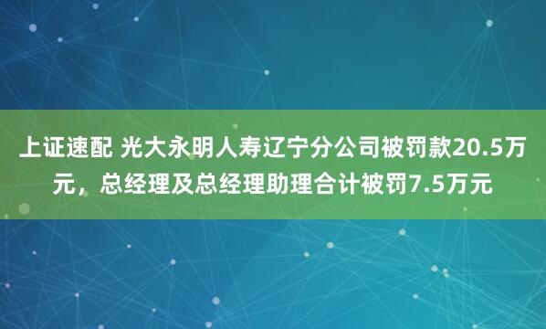 上证速配 光大永明人寿辽宁分公司被罚款20.5万元，总经理及总经理助理合计被罚7.5万元